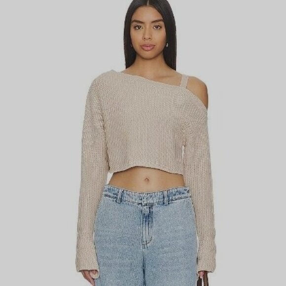 SER.O.YA Agnes One Shoulder Cropped Sweater S Tan Bell Sleeve Sexy Minimal Knit - Picture 2 of 9